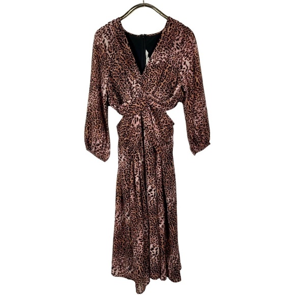 ANTHROPOLOGIE RANNA GILL BROWN MOTIF CHEETAH LONG SLEEVE CUT OUT MIDI DRESS - Picture 2 of 13